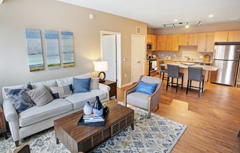 Living room with kitchen view